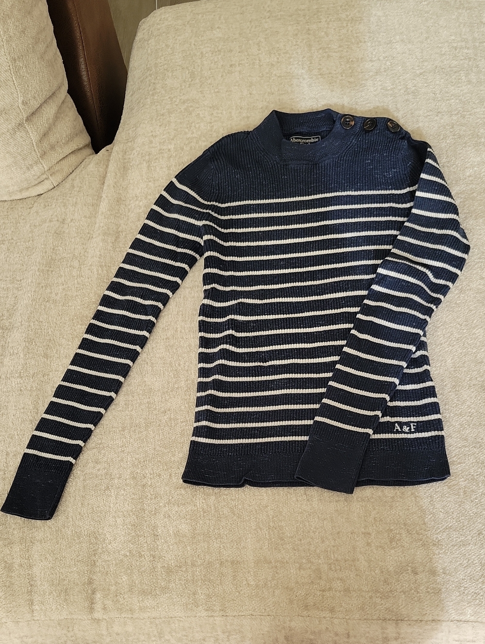 Abercrombie & Fitch Sweater, Size XS, Navy Blue, White Stripes, Used Condition